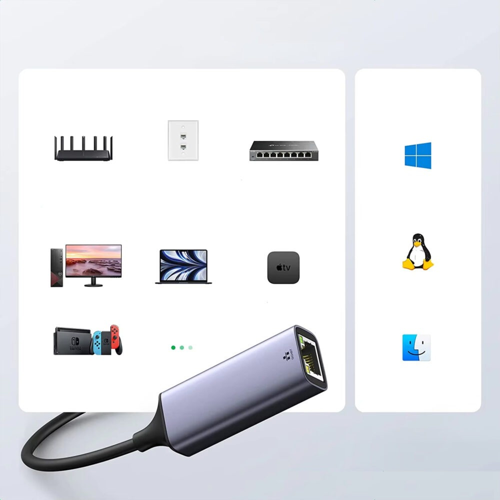 Adaptor USB–RJ45, Ethernet, 1000 Mbps, USB 3.0/2.0, Plug&Play, aluminiu, pentru tableta, PC, laptop, argintiu, 2.3 x 15.8 cm [12]