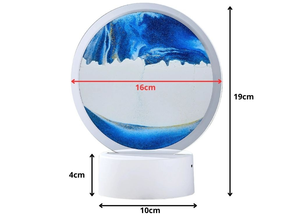 Lampa decorativa tip clepsidra cu efect 3D de nisip in miscare, LED, albastru, alimentare USB sau 3 baterii AA, baza alba, diametru 16 cm [3]