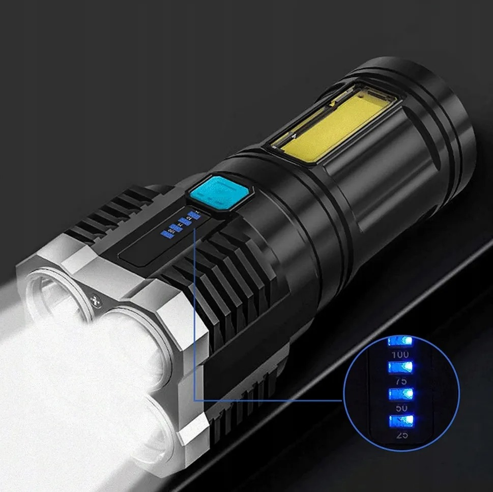 Lanterna portabila, 5 LED-uri, 4 moduri de iluminare, cablu Micro-USB inclus, ABS, baterie 1200 mAh, rezistenta la apa, negru [8]