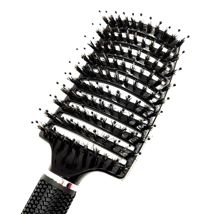 Perie de par, peri de mistret si nylon, curbata, design ergonomic, pentru descurcarea parului, negru, 24.5 x 6.5 cm [9]