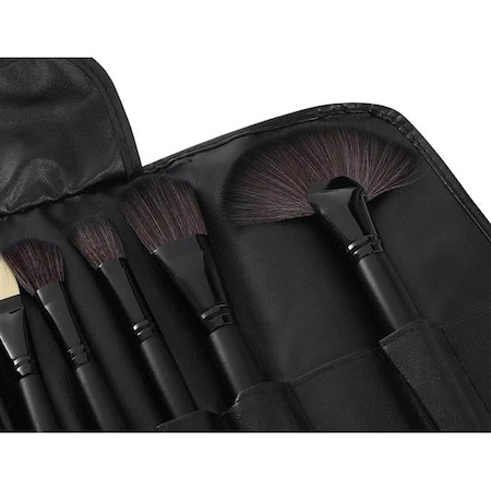 Set 24 pensule de machiaj,make up,manere din lemn,borseta din piele ecologica - Negru [3]