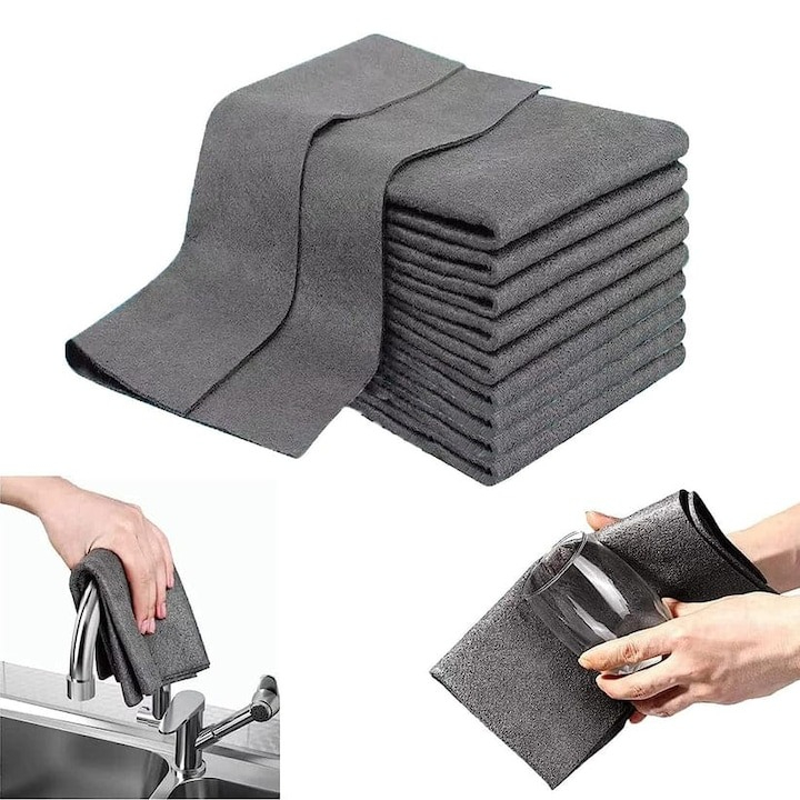 Set 10 lavete, multifunctionale, microfibra, pentru sticla, baie, bucatarie, gri, 30 x 30 cm [1]