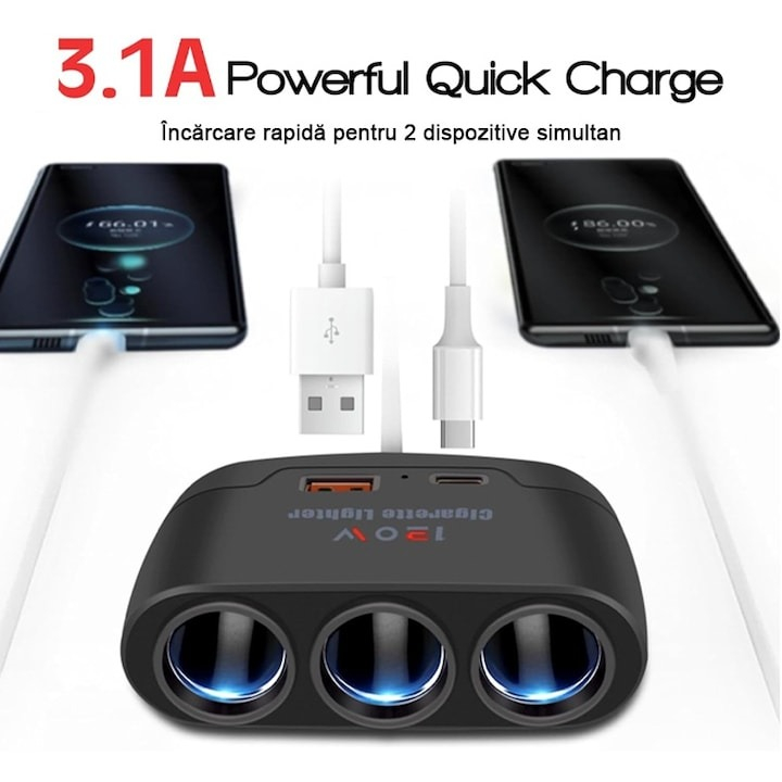 Multiplicator bricheta auto, 3 iesiri, 1 x USB, 1 x USB-C, 120 W, 12 - 24V, negru [2]