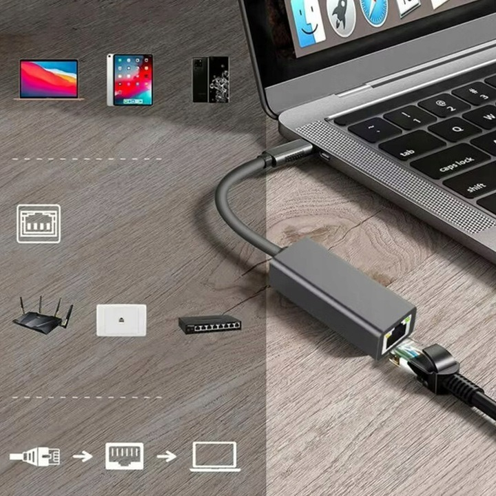 Adaptor Ethernet RJ45 la USB-C, indicator LED, 10/100/1000 Mbps, Plug&Play, aluminiu, pentru tableta, PC, laptop, argintiu [13]