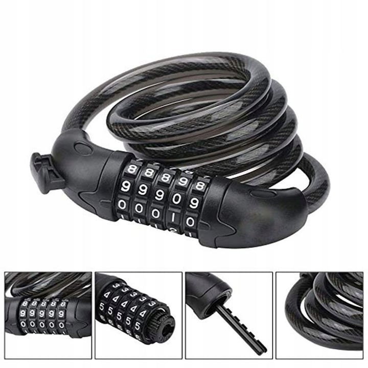 Antifurt cu cifru, suport de atasare pentru bicicleta, otel/PVC, lungime cablu 120 cm, negru [5]
