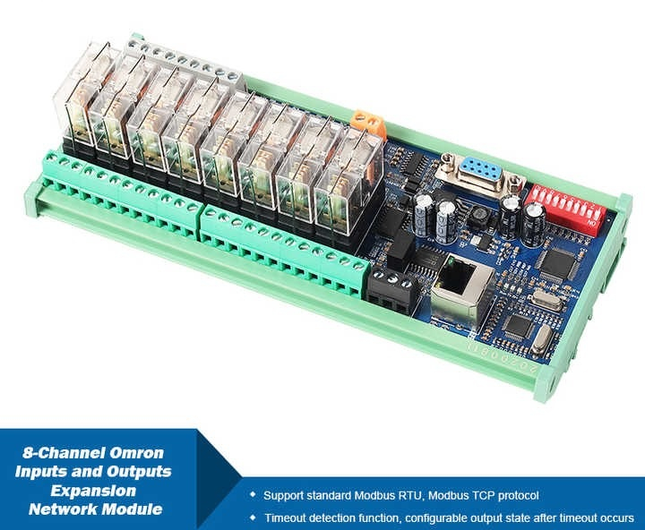 Modul releu 8 canale Ethernet Input/Output, alimentare 24V DC; Port comunicatie RS485, RS232, Ethernet RJ45, protocol Modbus RTU/TCP, suport monare pe sina, ABS; multicolor, extensie pentru PLC. [6]