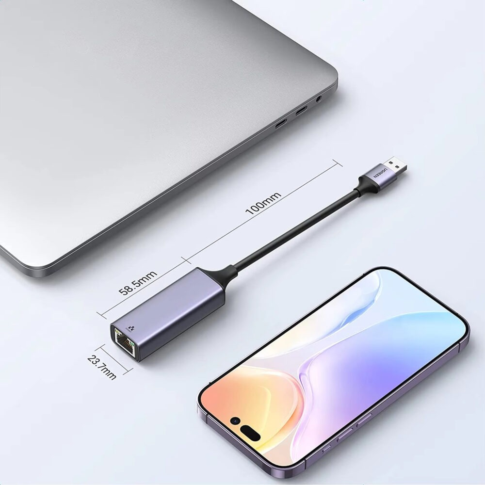 Adaptor USB–RJ45, Ethernet, 1000 Mbps, USB 3.0/2.0, Plug&Play, aluminiu, pentru tableta, PC, laptop, argintiu, 2.3 x 15.8 cm [11]