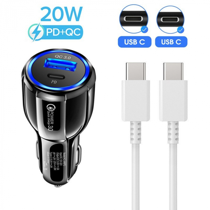 Kit incarcator auto 20W, 12-24V 1x USB,1x type C + cablu incarcare Type C-C 1 m - Negru [6]
