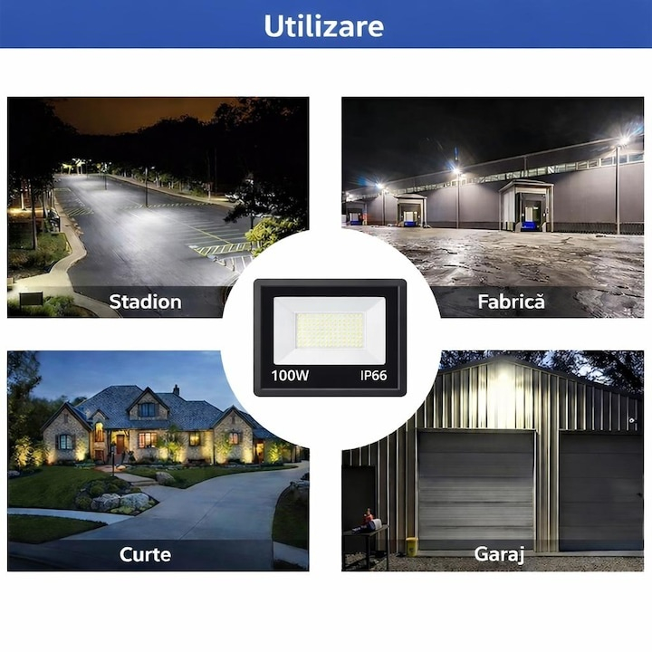Proiector LED impermeabil 100W, 6000K, exterior, IP66, 220V, iluminare puternica pentru curti si spatii industriale [3]