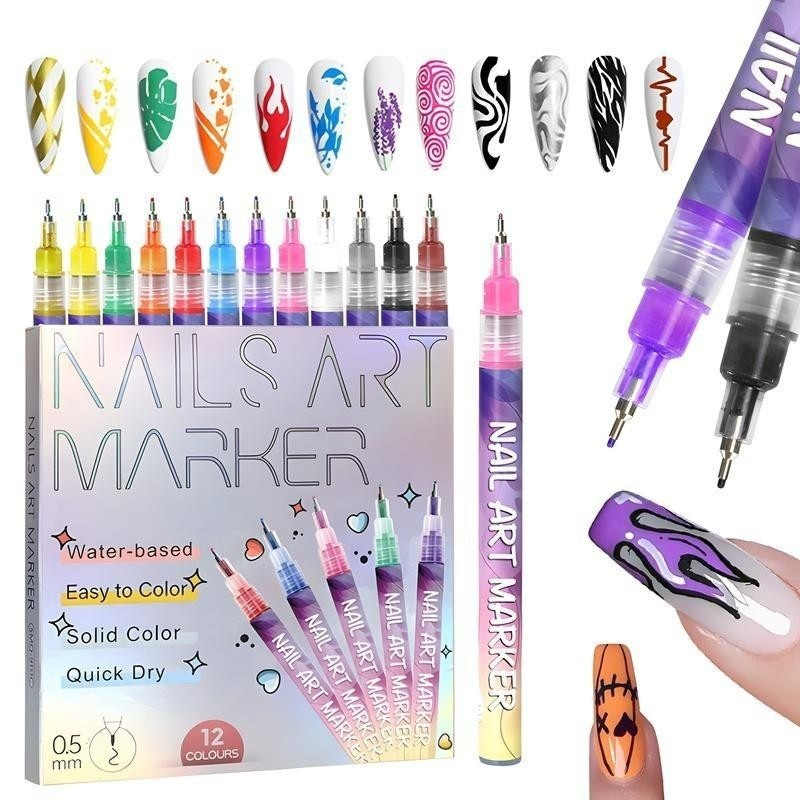 Set 12 markere acrilice pentru unghii, varf fin 0.5 mm, nail art, manichiura DIY, uscare rapida, 13 x 10 cm, multicolor [6]