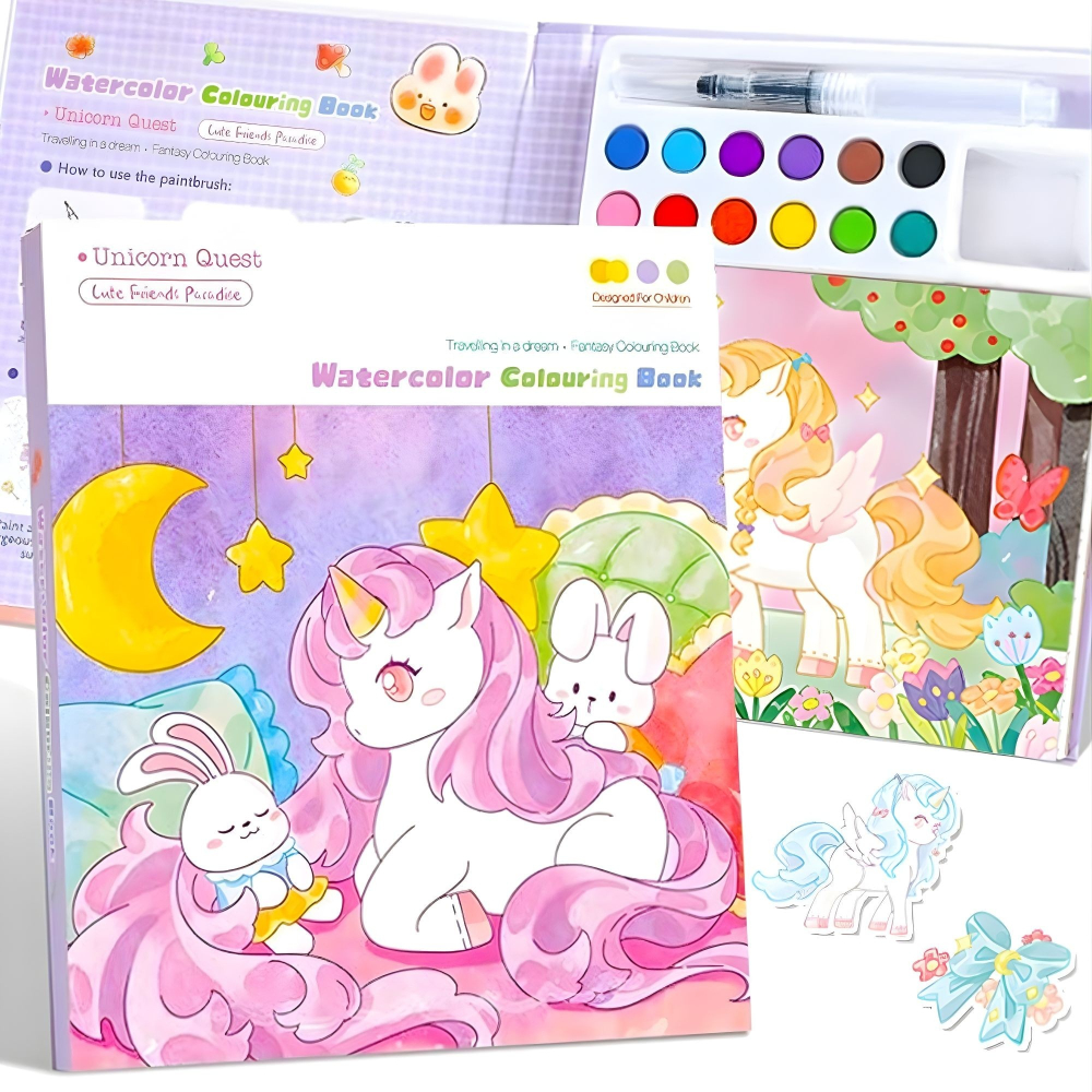 Carte de colorat cu acuarele pentru copii, model unicorn, 12 culori, pensula reutilizabila cu apa, 20 foi carton, 15.7 x 18.8 x 1.8 cm, mov [8]