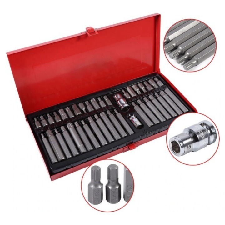 Trusa biti torx, hex si spline, chei imbus, adaptor 1/2'' si 3/8'', 40 piese, rosie [4]