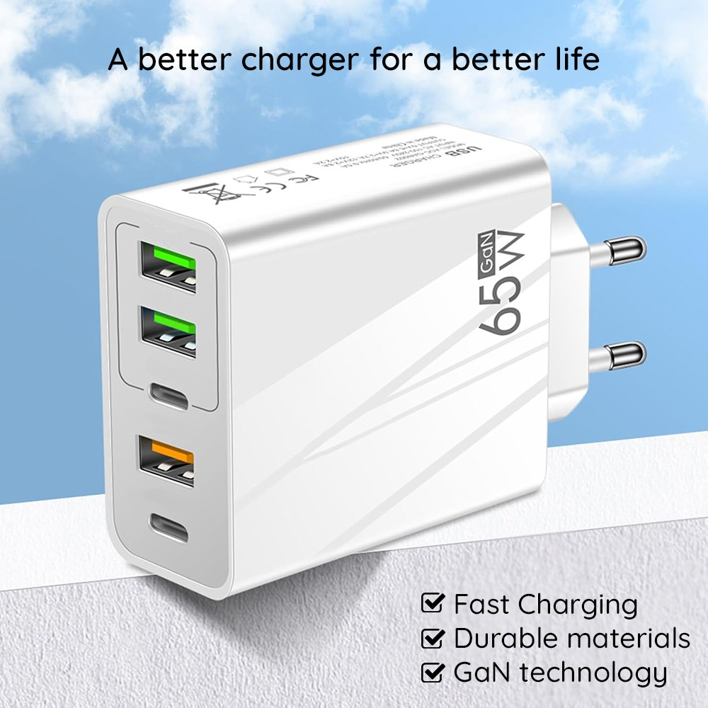 Incarcator cu 5 porturi, 2 x Type-C, 3 x USB, incarcare rapida, 65 W, universal, alb [5]