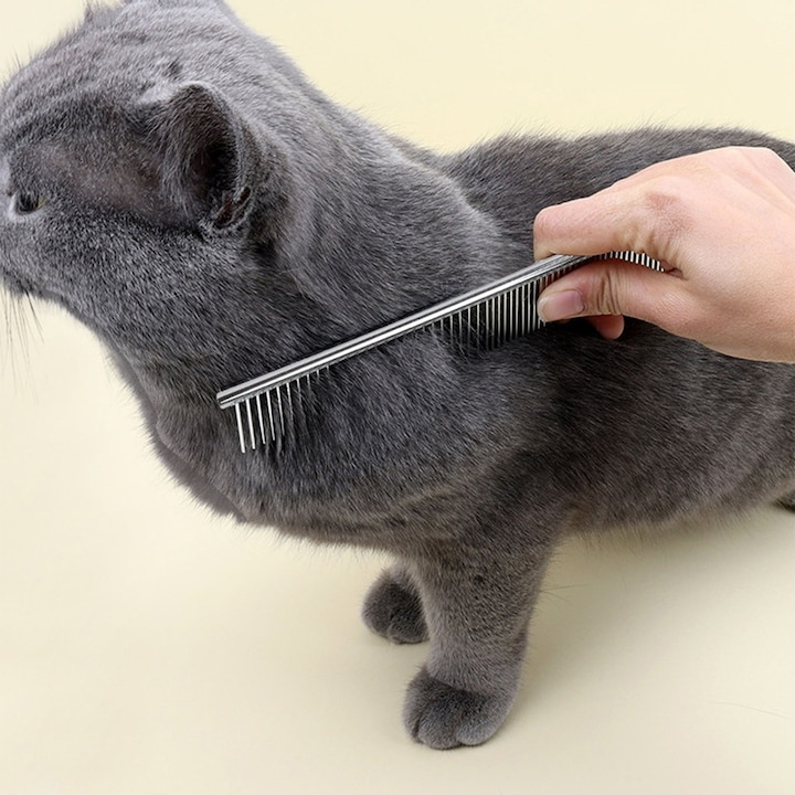 Pieptene pentru caini si pisici, ingrijirea blanii, otel inoxidabil, 2 tipuri de dinti, varfuri rotunjite, 16.5 x 3 cm, argintiu [4]