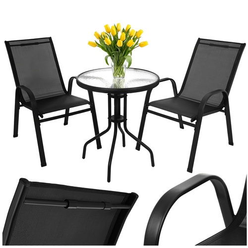 Set mobilier gradina, masa rotunda si 2 scaune, metal/sticla, pentru balcon, terasa, exterior, negru [8]
