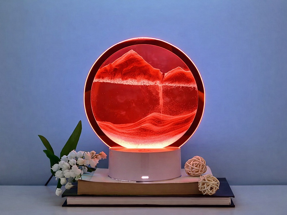Lampa decorativa LED cu efect 3D nisip curgator, tip clepsidra, rosu, baza alba, USB sau baterii, decor relaxant pentru dormitor, living si birou [3]