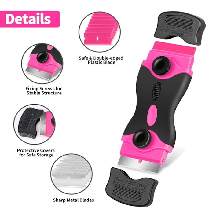 Racleta multifunctionala, 2 capete, maner ergonomic, curatare ceramica, sticla, 10 lame plastic, 10 lame metalice, negru/roz [7]