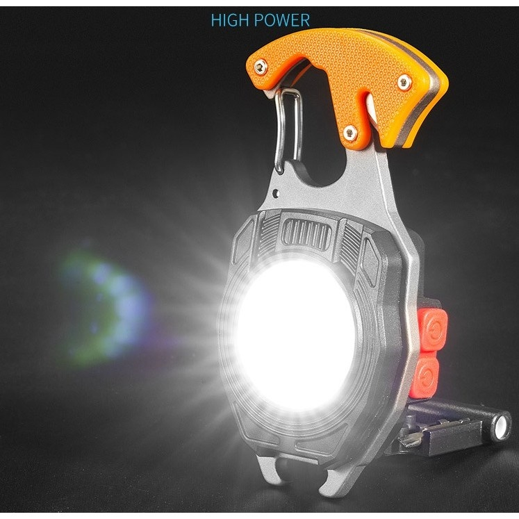 Lanterna multifunctionala, pentru camping, breloc, fluier, bricheta, surubelnita, desfacator sticle, reincarcabila USB-C, aluminiu/ABS, portocaliu [6]