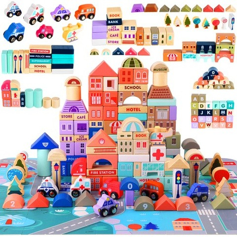 Set de constructie pentru copii, din lemn, 115 cuburi, 3 ani+, multicolor [7]