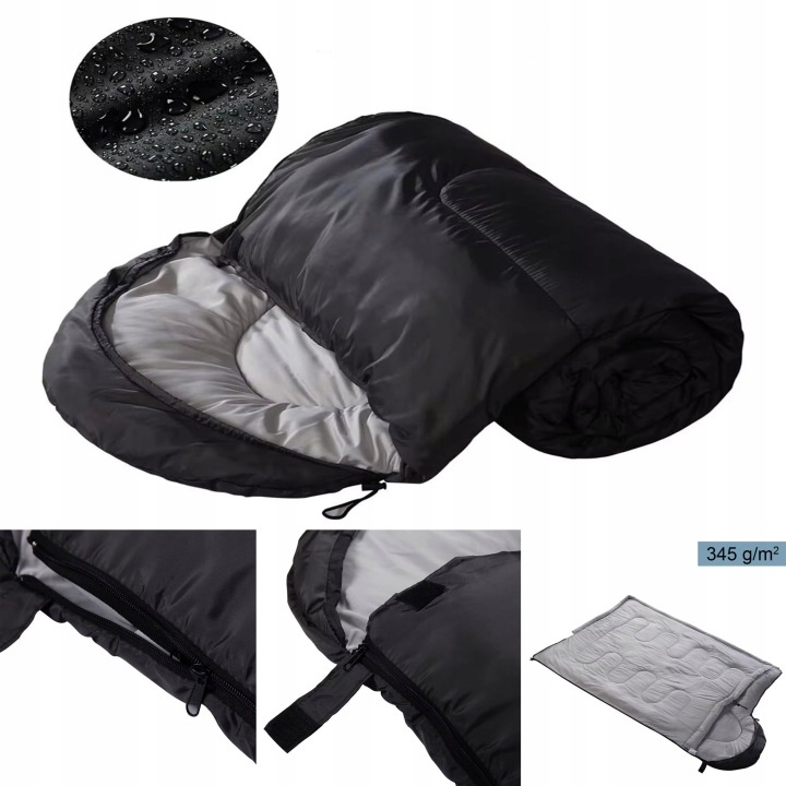 Sac de dormit pentru camping, drumetii, 2 in 1, impermeabil, poliester, 210 x 75 cm, negru, husa transport [9]