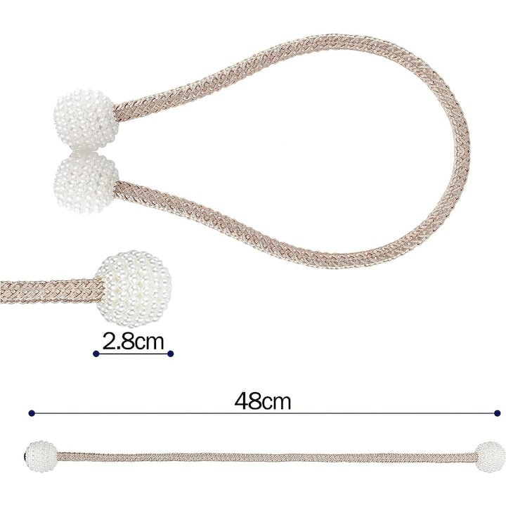 Magnet decorativ pentru perdele si draperii, catarama cu perle si curea cu textura tesuta, poliester, 48 cm, bej [5]