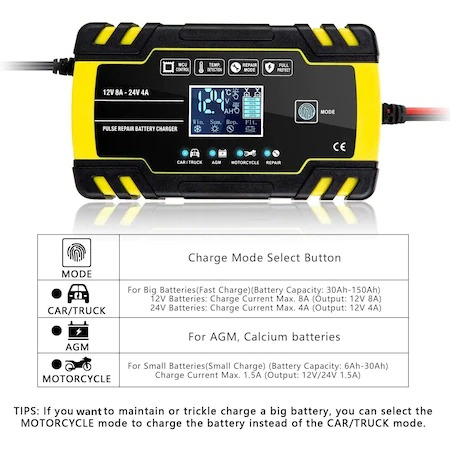 Redresor auto F cu afisare LED pentru baterii 12V-8A, 24V-4A, cabluri incluse [8]