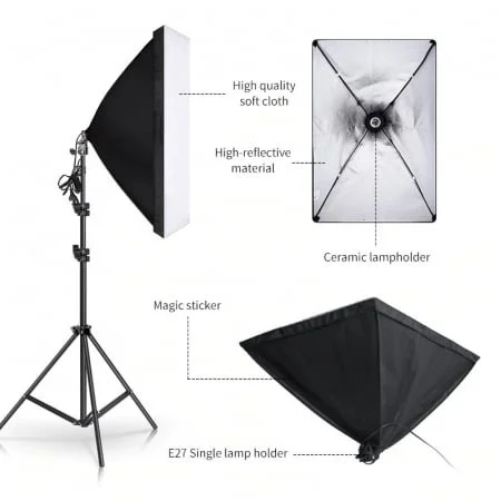 Studio Complet Foto Video cu 4 Trepiezi 2 Softbox cu Becuri 150W, 2 Umbrele cu Becuri 120W si Telecomanda, Suport Fundal Negru cu 4 Clame si 2 Genti Transport [8]
