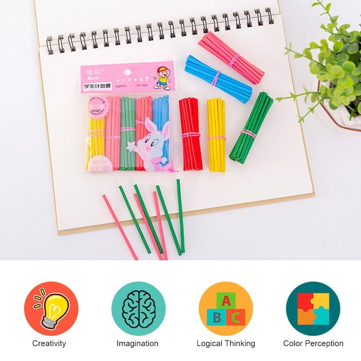 Set betisoare scolare din lemn, 100 piese, multicolor, 8 cm, pentru numarat, sortare si activitati Montessori [4]