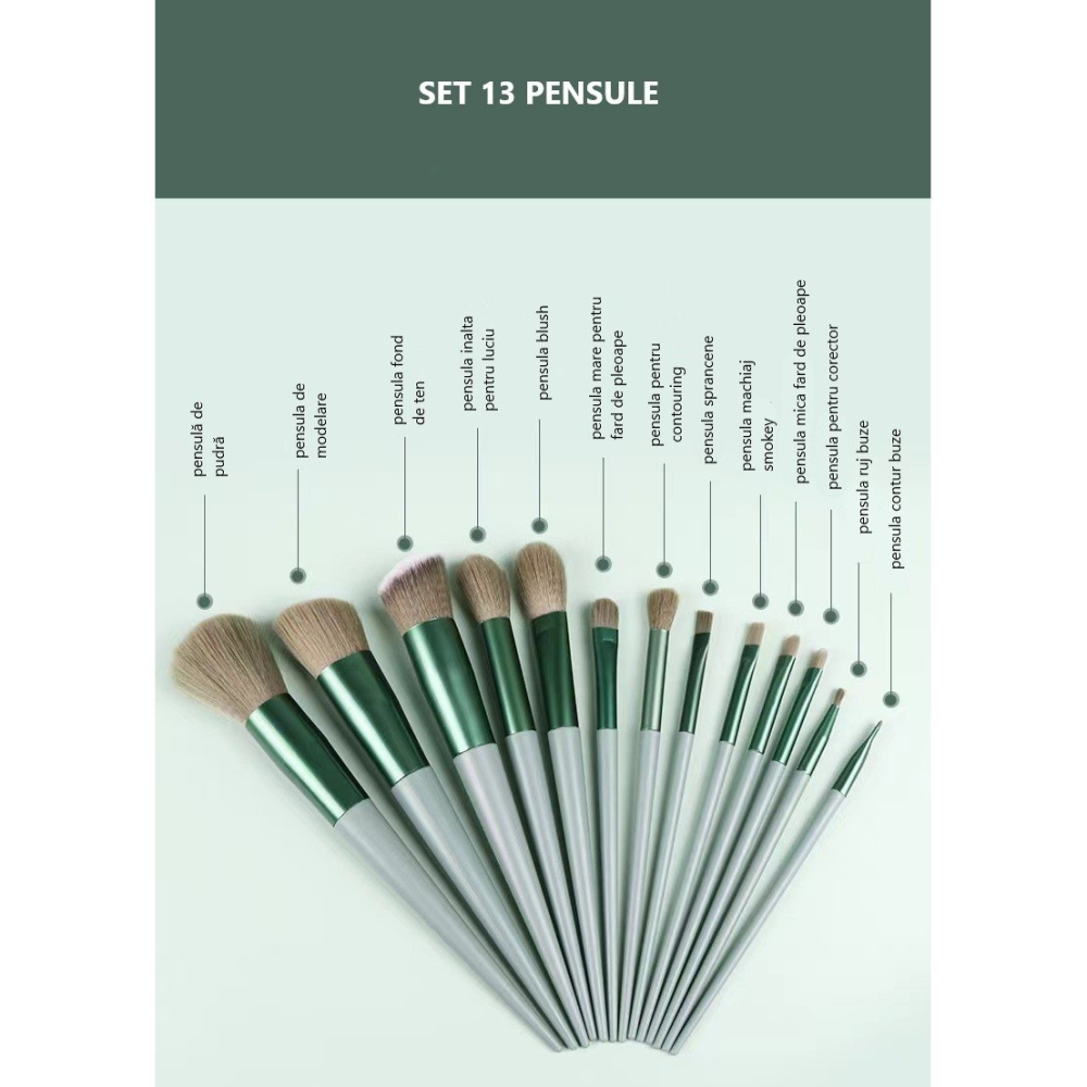 Set 13 pensule pentru machiaj, sintetice, maner plastic, soft, portabil, husa inclusa, verde [4]