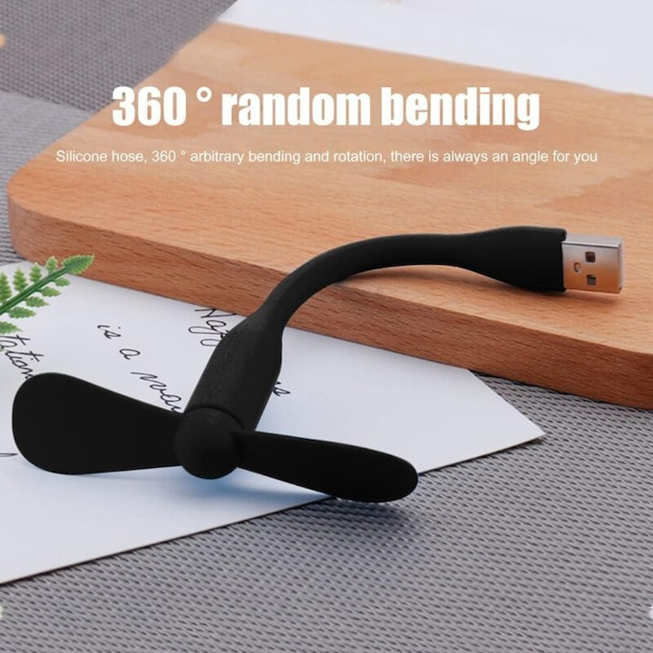 Mini ventilator din silicon, cu alimentare prin USB, portabil, brat flexibil, 14 x 8.5 cm, negru [10]