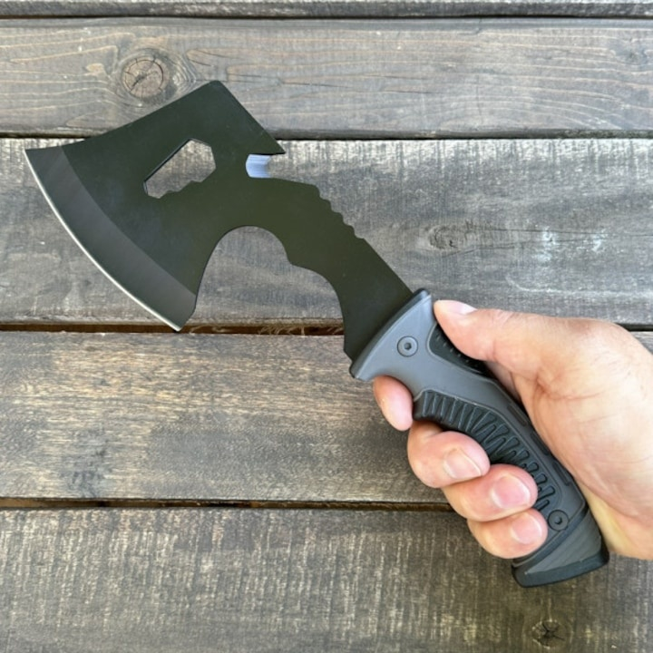 Topor camping, multifunctional, lama otel, maner cauciuc, 30 cm, husa protectie, gri [8]