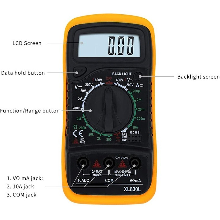 Multimetru digital, model XL830L, afisaj LCD, tensiunea AC/DC, curent DC, rezistenta, continuitate, verificare diode/tranzistori, portocaliu [6]