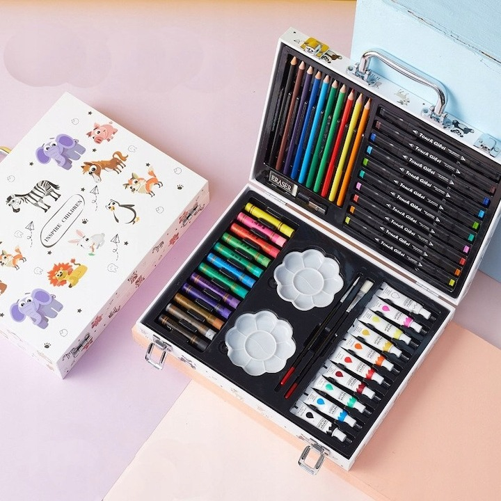 Set de pictura si desen pentru copii, 68 piese, valiza pentru depozitare, carte de colorat, ascutitoare, radiera, markere, pensule, creioane, palete pentru amestecarea culorilor, acuarele, multicolor [6]