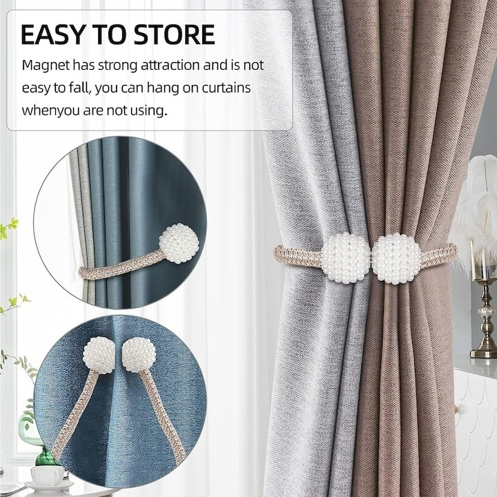 Magnet decorativ pentru perdele si draperii, catarama cu perle si curea cu textura tesuta, poliester, 48 cm, bej [3]