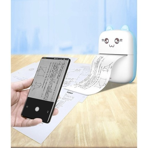 Mini imprimanta termica, portabila, Bluetooth, 11 role incluse, compatibila iOS/Android, incarcare USB-C, design pisica, 11 x 7.8 x 3.7 cm, alb/abastru [3]