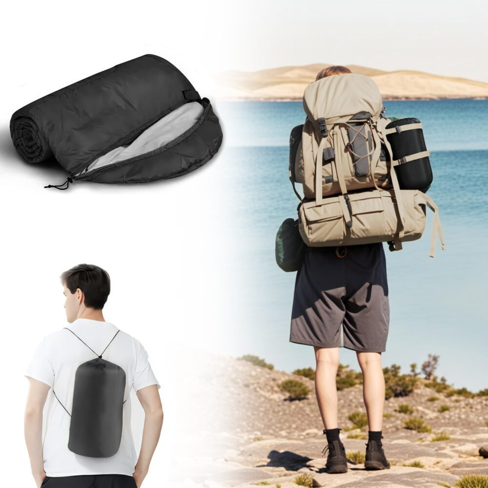 Sac de dormit pentru camping, drumetii, 2 in 1, impermeabil, poliester, 210 x 75 cm, negru, husa transport [12]