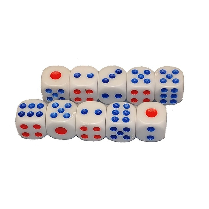 Set 10 zaruri albe cu puncte albastre si rosii, 13 mm, pentru jocuri de societate sau jocuri de noroc