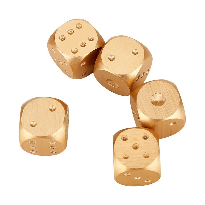 Set 5 zaruri, aliaj de aluminiu, pentru jocuri de noroc sau de societate, 16 mm, auriu, cutie inclusa [8]