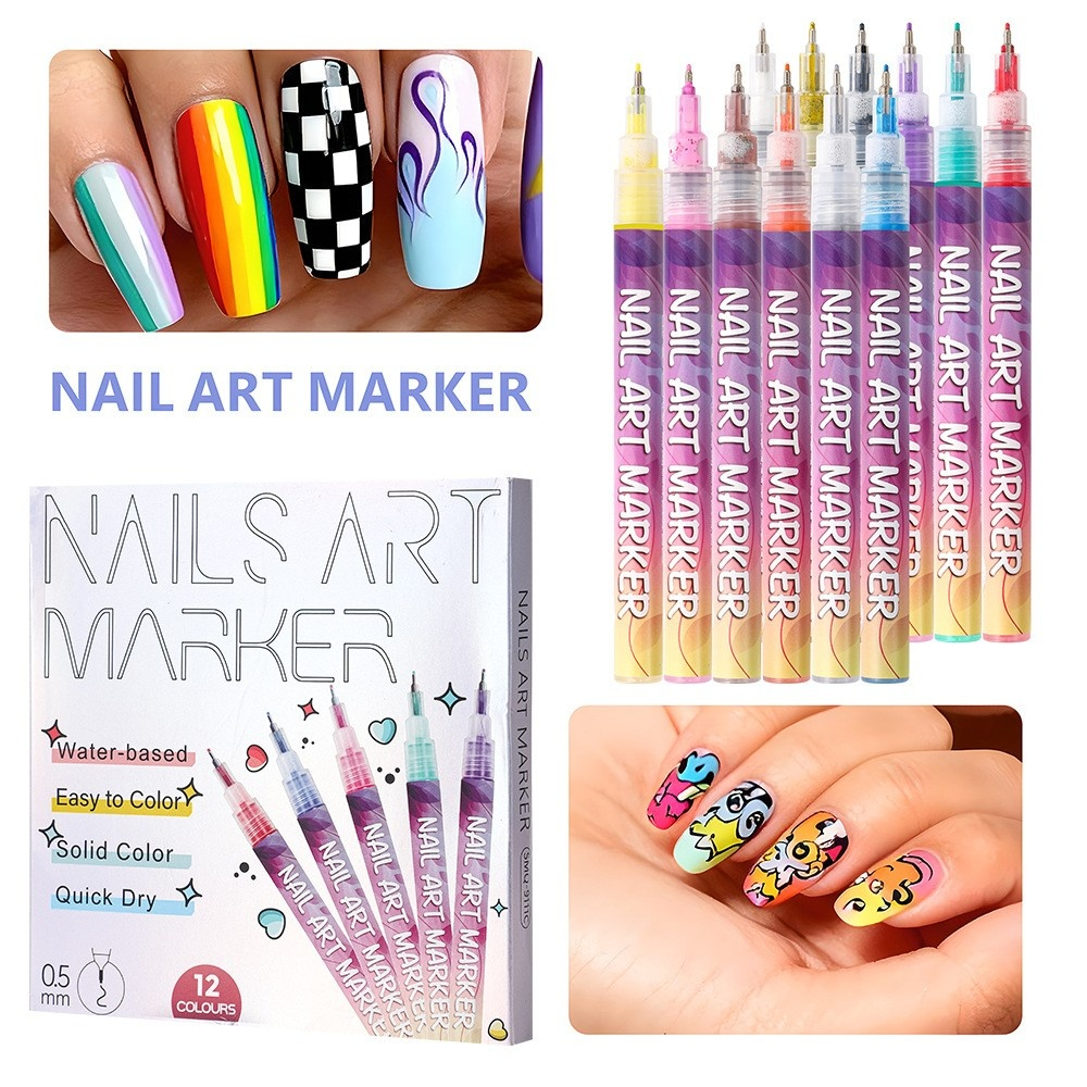 Set 12 markere acrilice pentru unghii, varf fin 0.5 mm, nail art, manichiura DIY, uscare rapida, 13 x 10 cm, multicolor [8]