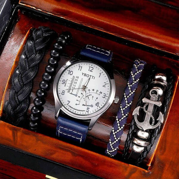 Set bijuterii pentru barbati, ceas, 4 bratari, albastru/negru, cutie inclusa [3]