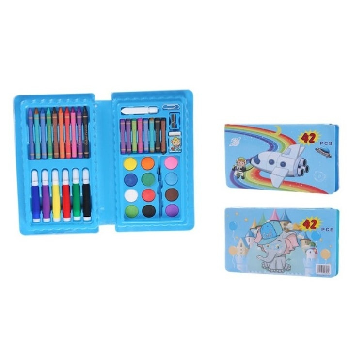 Set pentru copii, pictura si desen, tip penar, model elefant, 42 piese, carioci, acuarele, creioane, 24.3 x 13 x 3 cm, albastru [8]