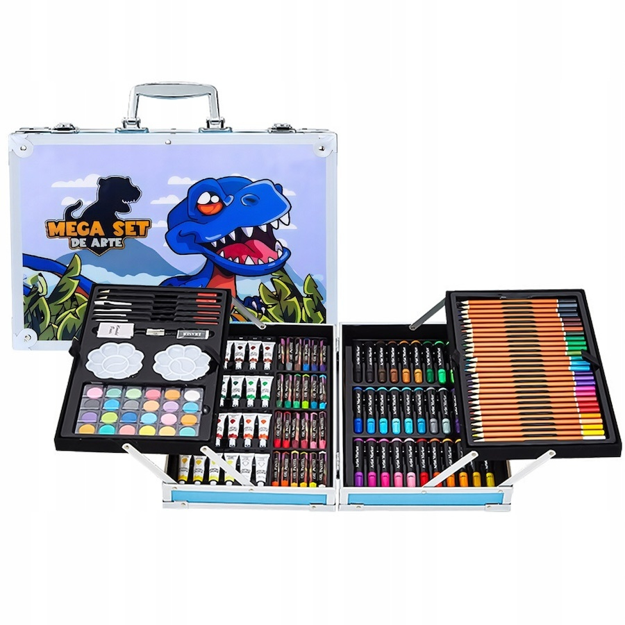 Set creativ de pictura si desen pentru copii, 145 piese, model dinozaur, 34 x 23 x 8 cm, albastru, valiza metalica pentru depozitare [6]