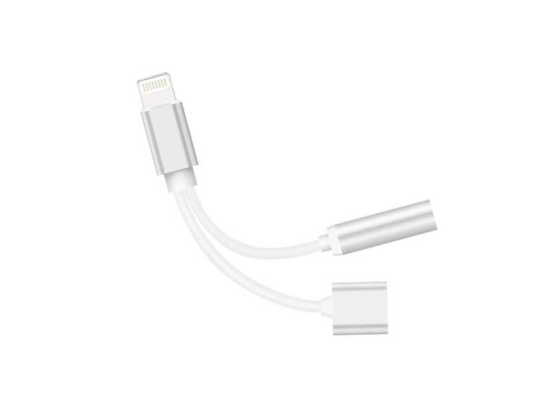 Adaptor 2 in 1 pentru iPhone, casti si incarcator, Lightning jack 3.5 mm, argintiu