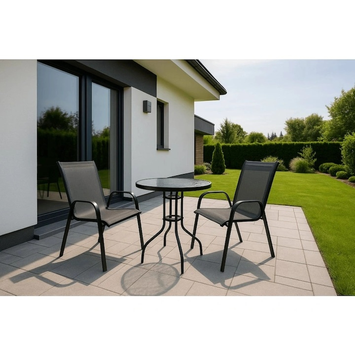Set mobilier gradina, masa rotunda si 2 scaune, metal/sticla, pentru balcon, terasa, exterior, negru [2]