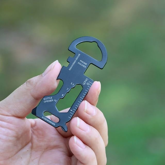 Breloc multifunctional din otel inoxidabil, suport telefon, surubelnita, rigla, desfacator sticle, pentru camping si drumetii, negru, 3 x 7 cm [4]