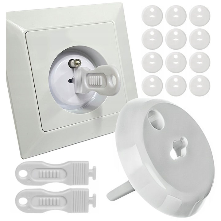 Set 12 protectii prize, 2 chei, pentru siguranta copiilor, plastic, 2.3 x 3.7 cm, alb [15]