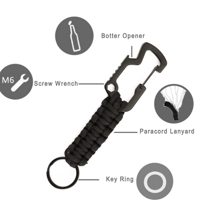 Carabina multifunctionala metalica cu snur paracord si inel pentru chei, 15 cm, negru, prindere sigura si utilizare zilnica [2]