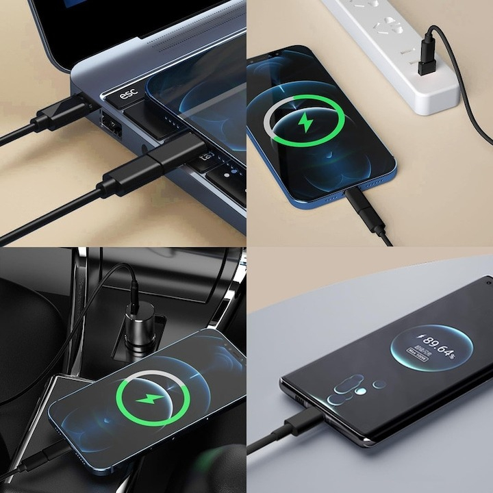 Set cabluri de date multifunctionale, adaptoare USB-C/Tip Lightning/USB-A/Micro-USB, portabil, negru [2]