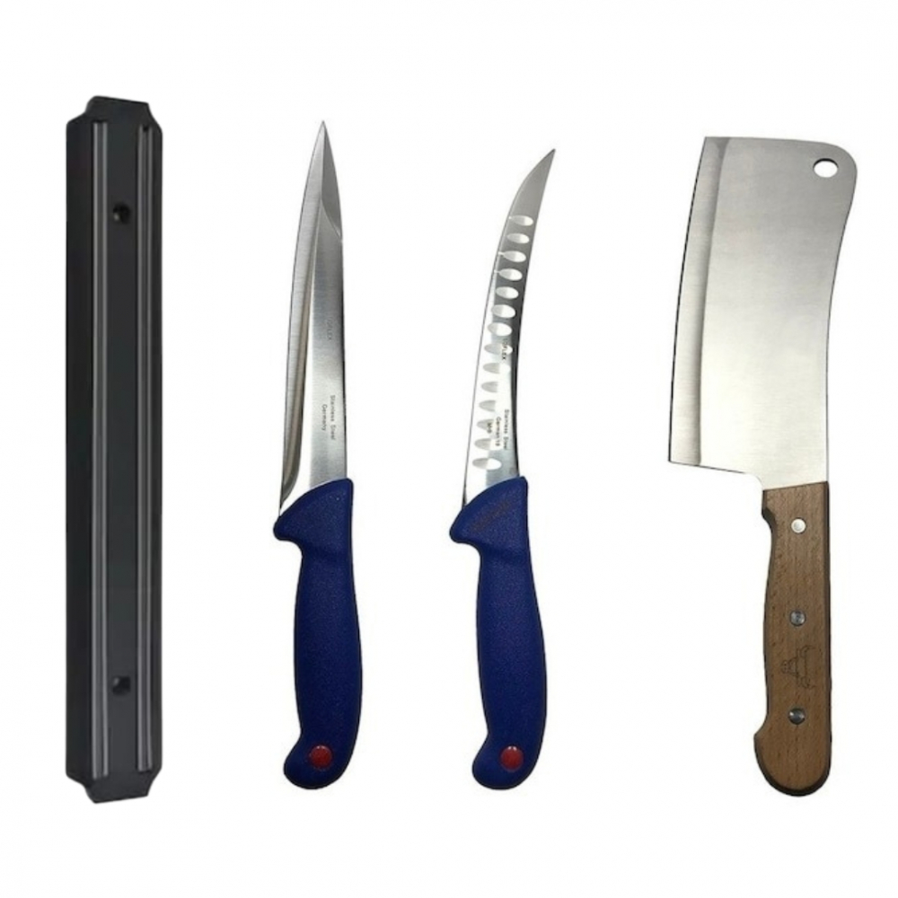 Set cutite profesionale de macelarie, injunghiat, transat, filetat, dezosat, suport magnetic, satar, 2 cutite