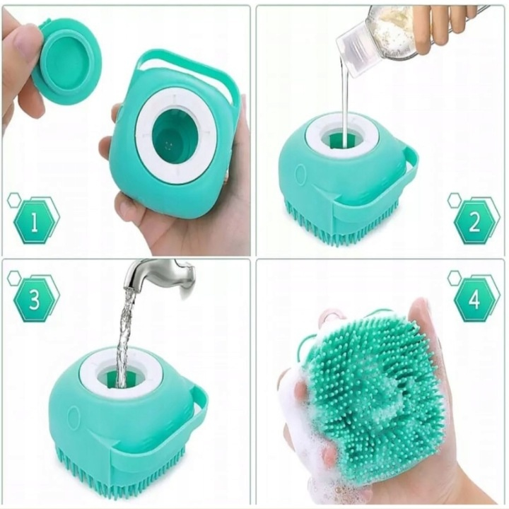 Perie multifunctionala pentru spalarea animalelor de companie, cu rezervor pentru sampon, silicon moale, masaj si ingrijire blana, pentru caini si pisici, 8 x 8.5 x 5 cm, turcoaz [7]